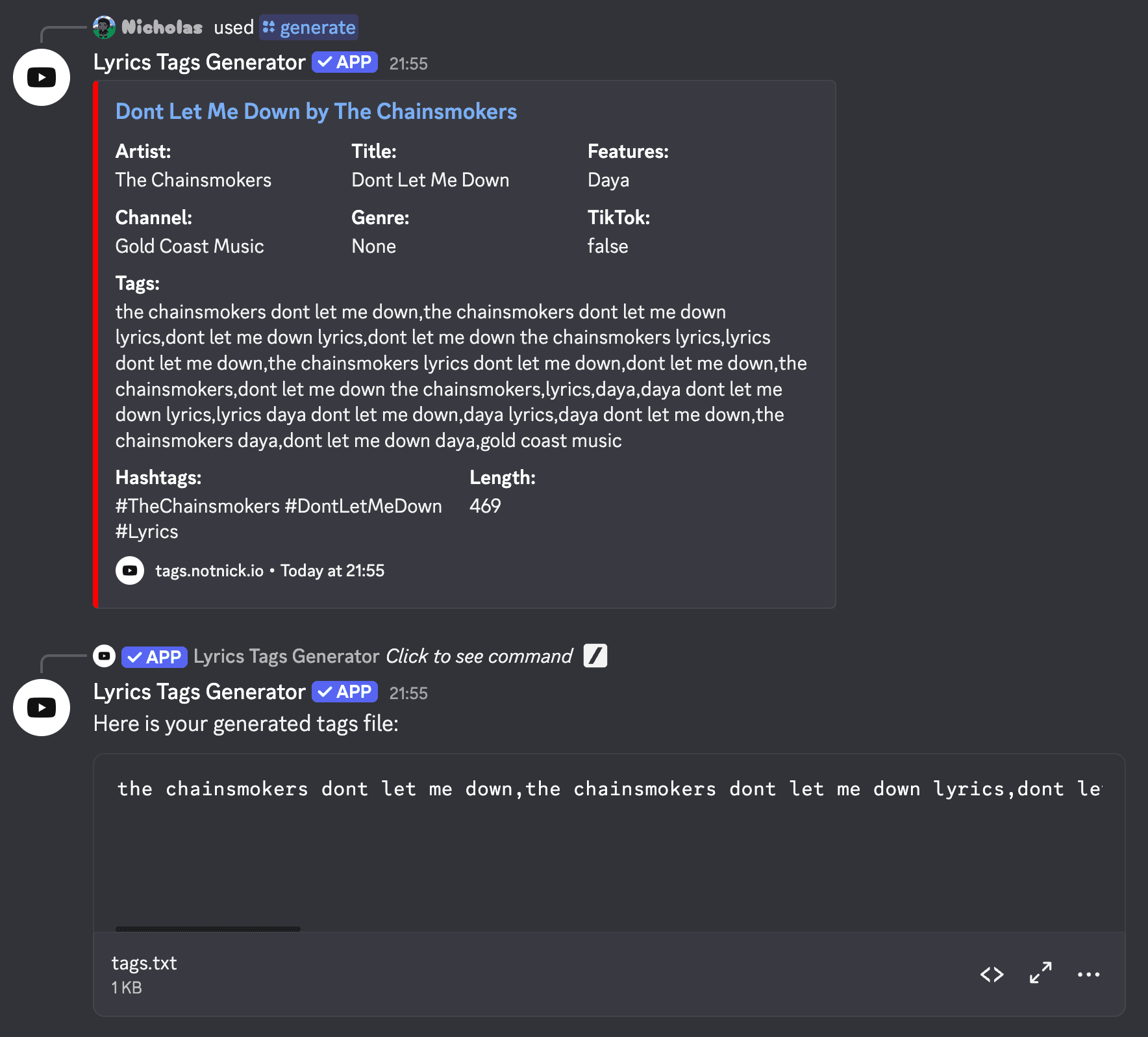 Running the /generate command with the Lyrics Tags Generator Discord bot, showing the generated tags, hashtags, length, and a downloadable tags.txt file.